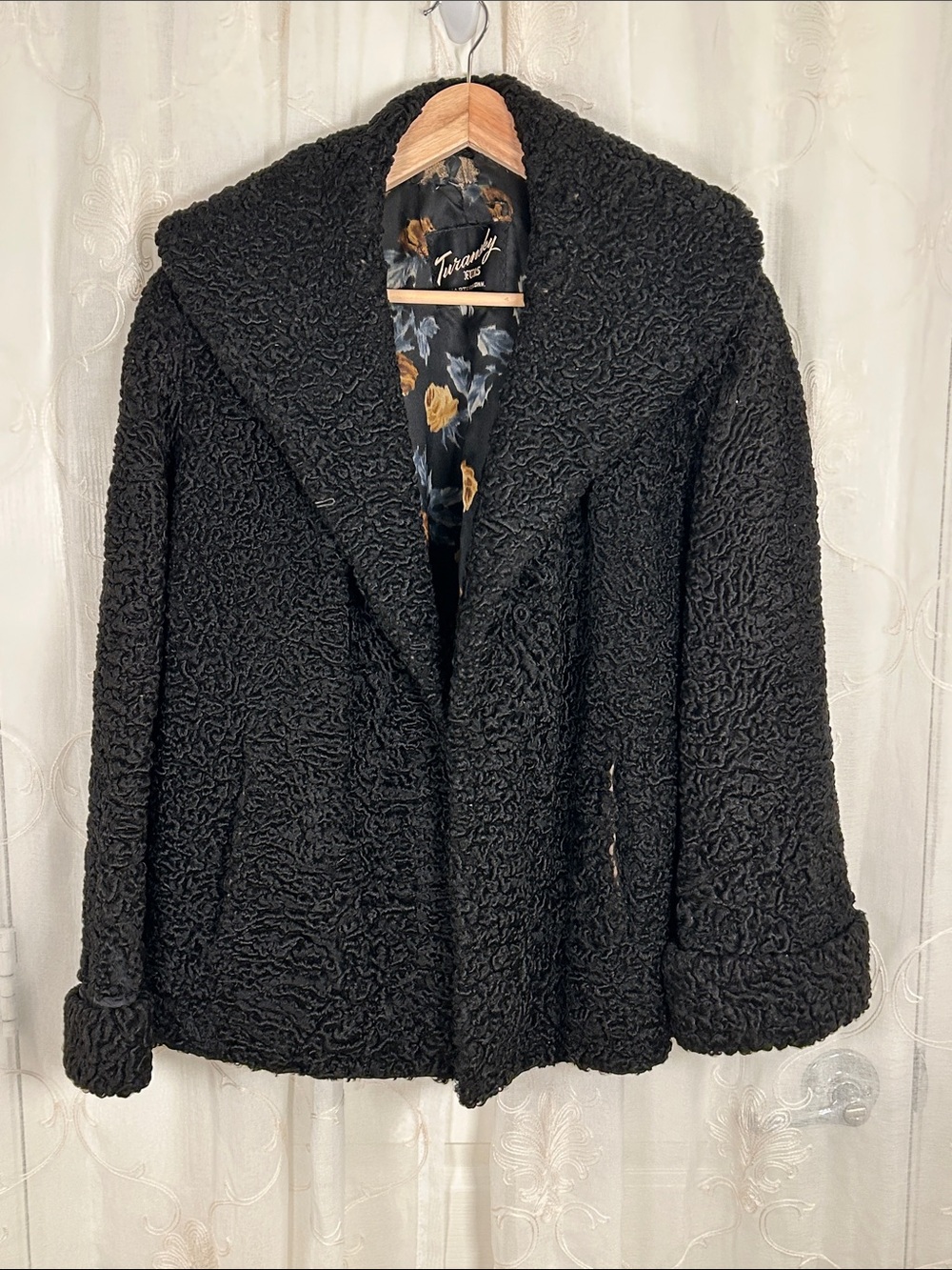 VTG Turansky Furs Black Persian Lamb Fur Coat Monogram on Floral Lining